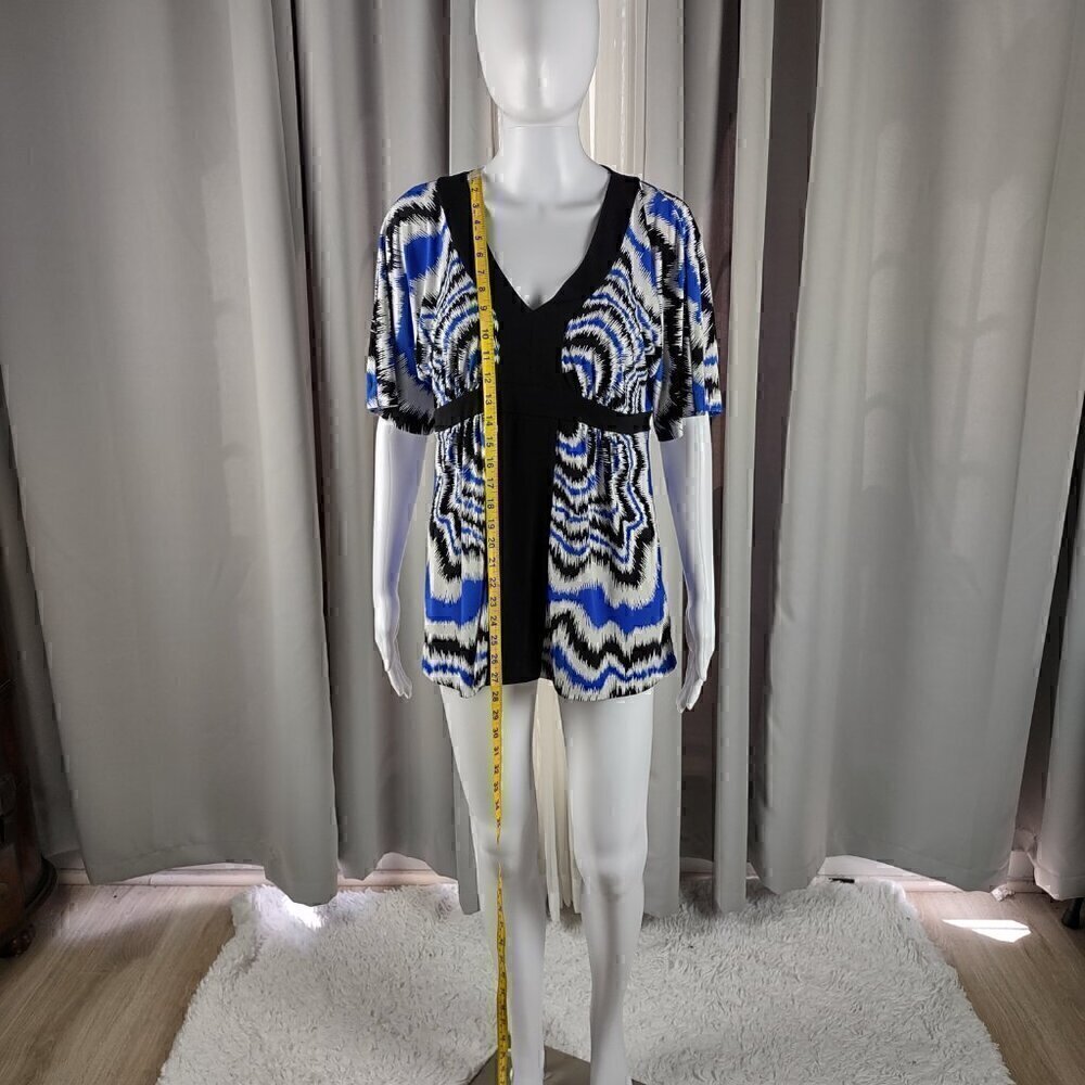 Nicole Miller Womens Patterned Kimono Sleeve Black Blue White Blouse Size M - Picture 5 of 11